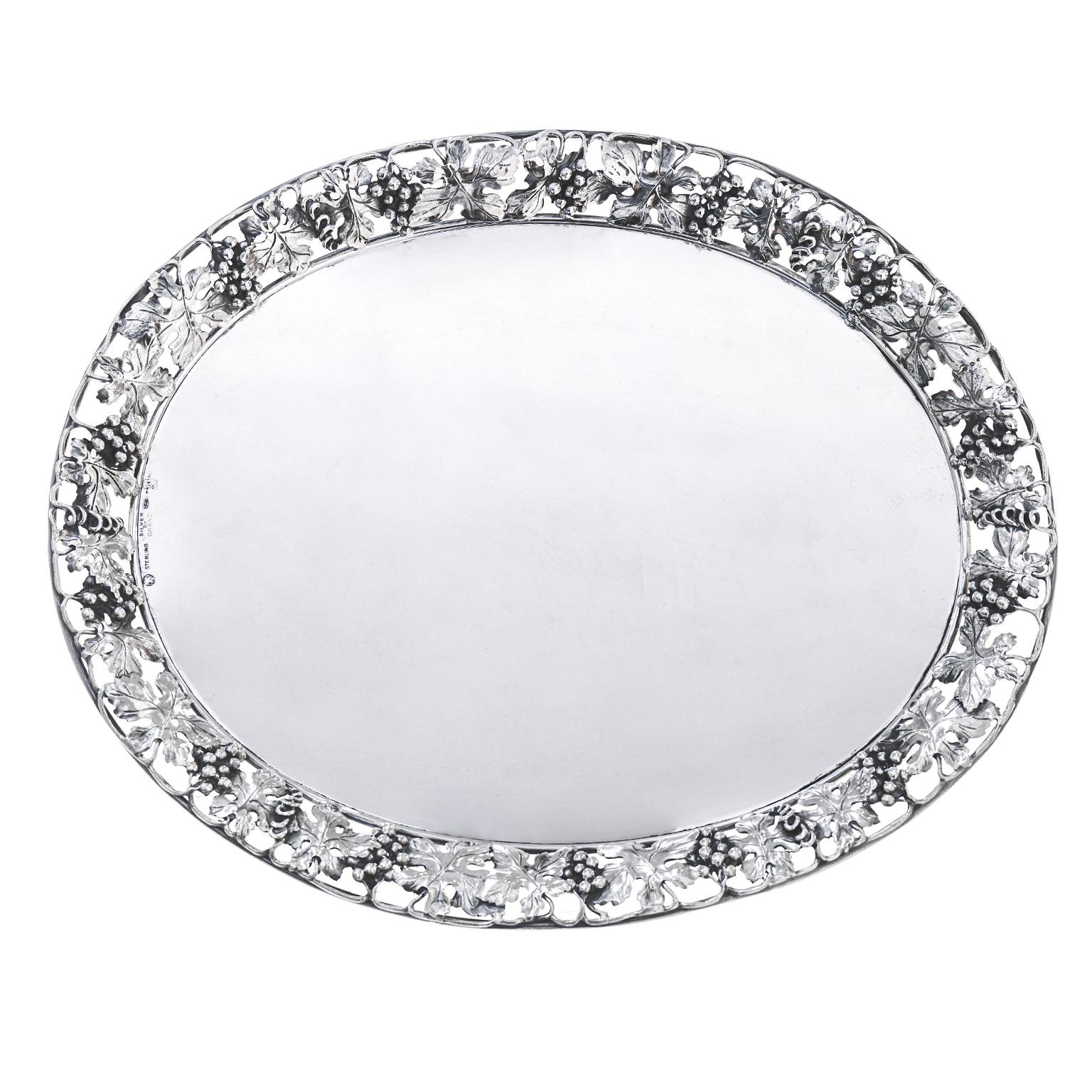 American Sterling Grape Motif Tray For Sale