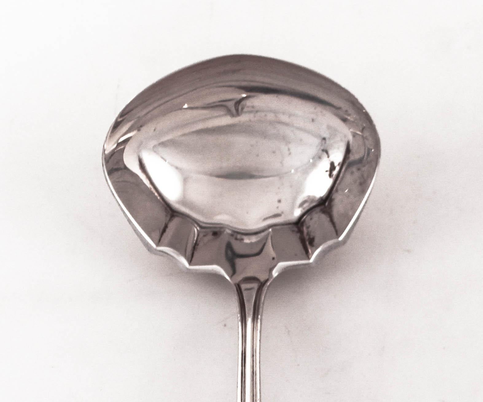 Being offered is a sterling silver gravy ladle in the “Hamilton Engraved” pattern by the Alvin Silver Company, circa 1910. It has some etching on the very top of the handle; garlands and a script letter S. With Thanksgiving Day around the corner,