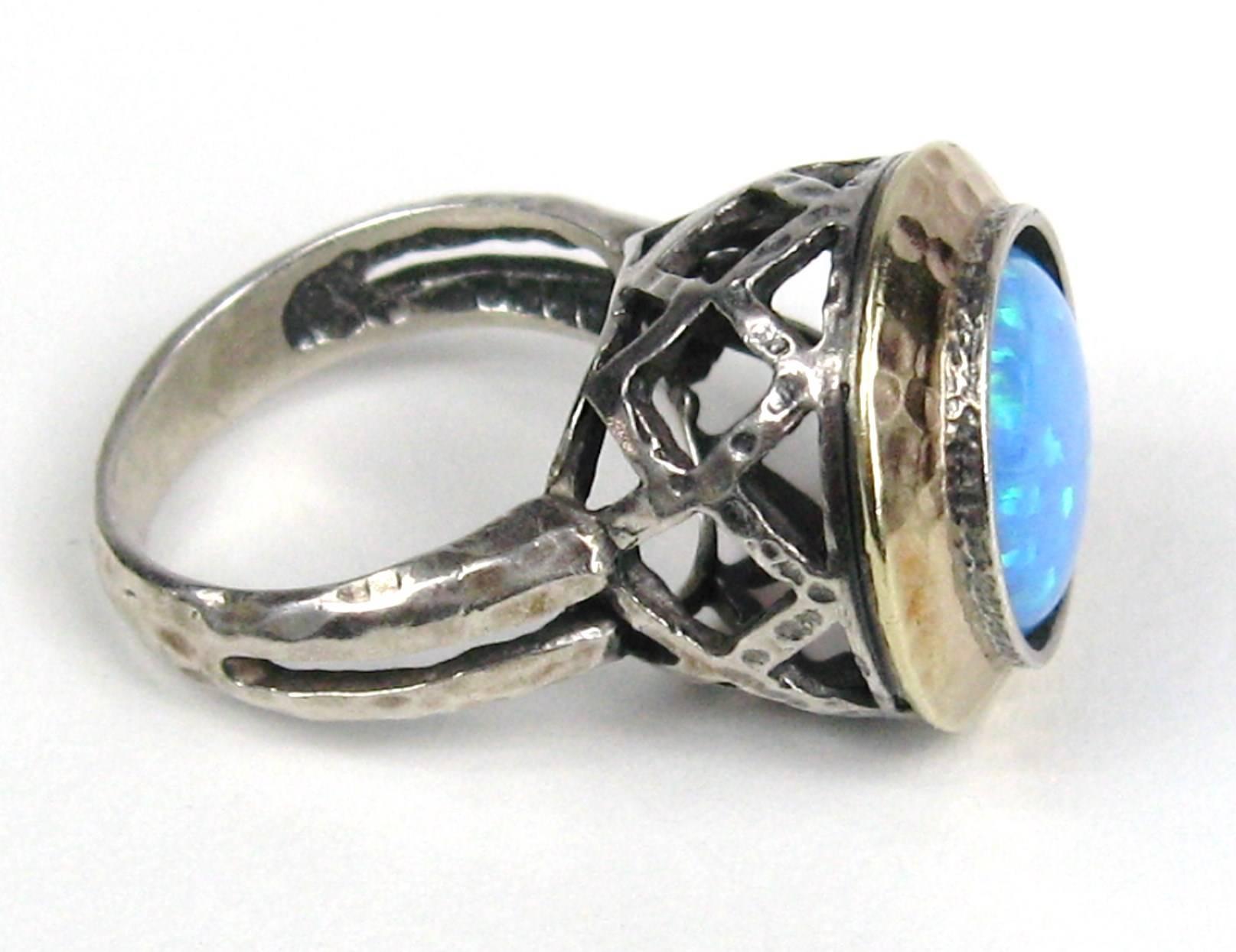 Sterling & Hammered Gold Opal Bezel Ring In Good Condition For Sale In Wallkill, NY