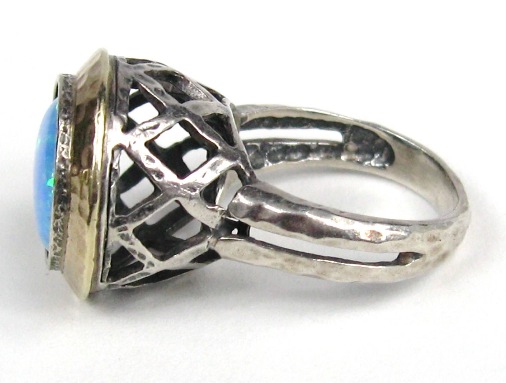 Women's Sterling & Hammered Gold Opal Bezel Ring For Sale