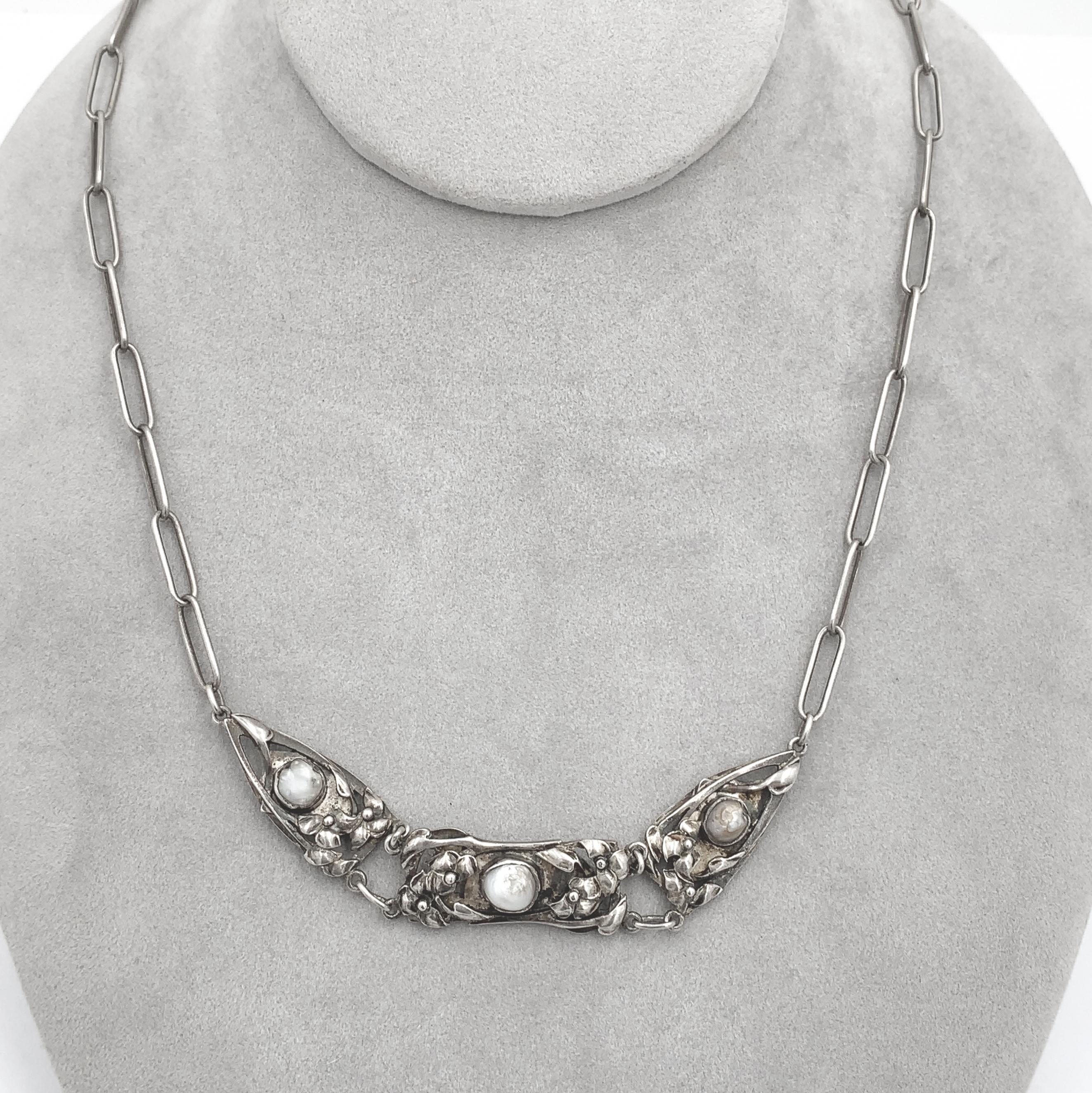 Grezzo Collana di perle di Kalo in argento lavorate a mano con fiori e foglie applicati, 25