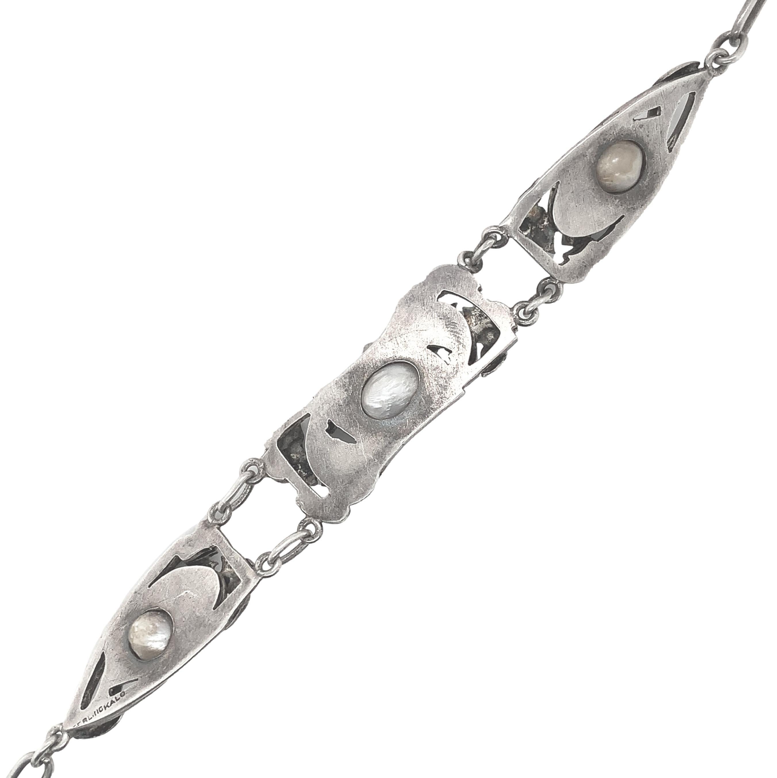 Collana di perle di Kalo in argento lavorate a mano con fiori e foglie applicati, 25