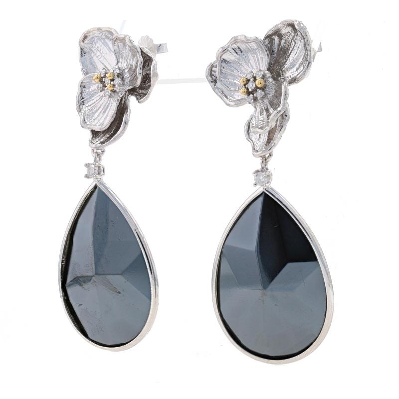 Pear Cut Sterling Hematite & Diamond Dangle Earrings 925 14k Gold Pltd Pear .28ctw Floral For Sale