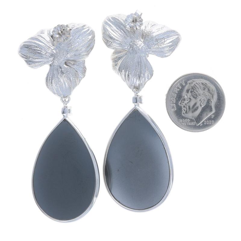 Women's Sterling Hematite & Diamond Dangle Earrings 925 14k Gold Pltd Pear .28ctw Floral For Sale