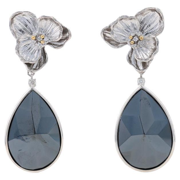 Sterling Hematite & Diamond Dangle Earrings 925 14k Gold Pltd Pear .28ctw Floral For Sale