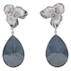 Sterling Hematite & Diamond Dangle Earrings 925 14k Gold Pltd Pear .28ctw Floral
