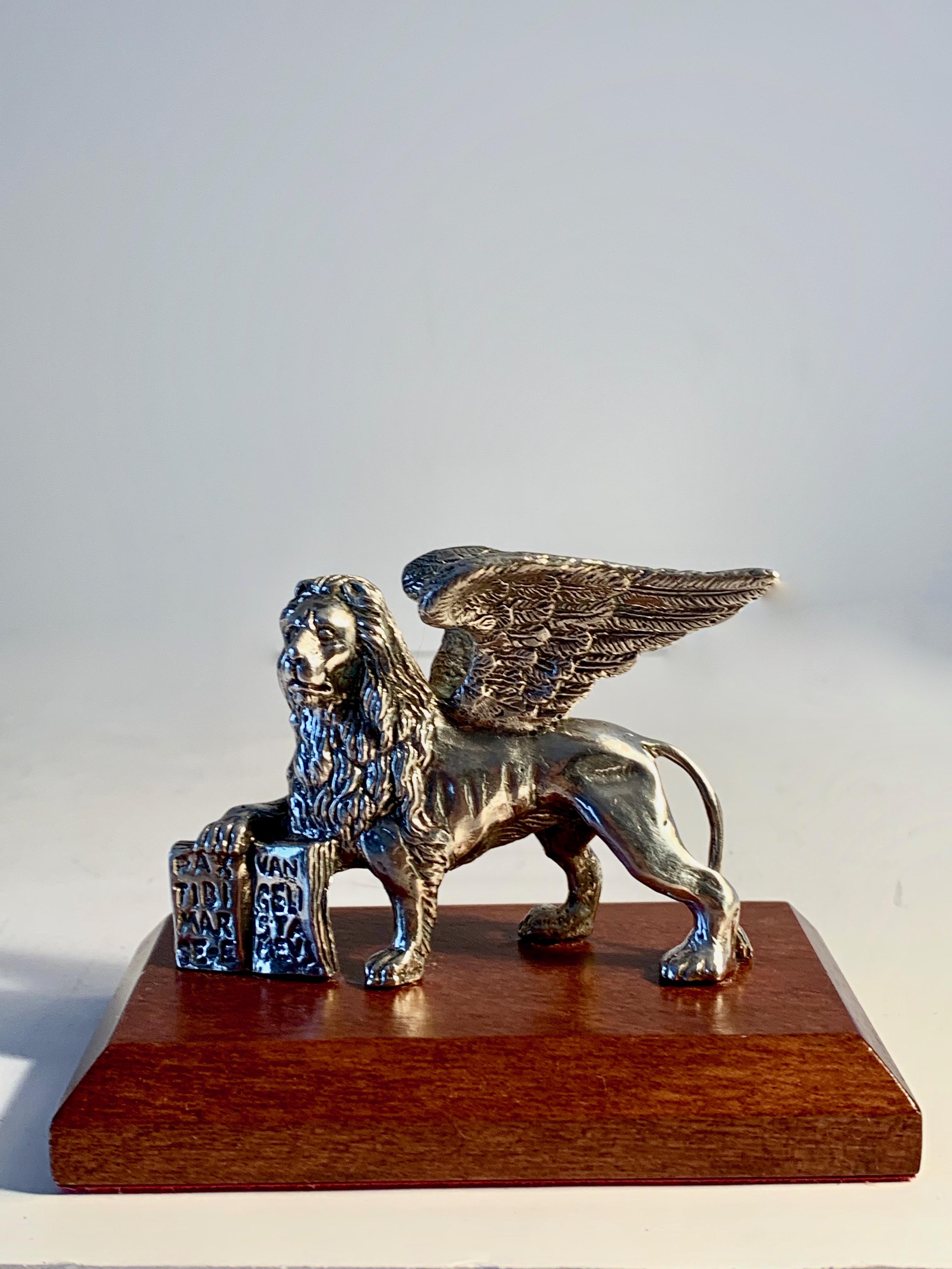 Mid-Century Modern Sterling Italian Winged Lion of St. Mark on Wooden Base Paper Weight