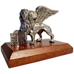 Vintage Sterling Italian Winged Lion of St. Mark on Wooden Base Paper Weight