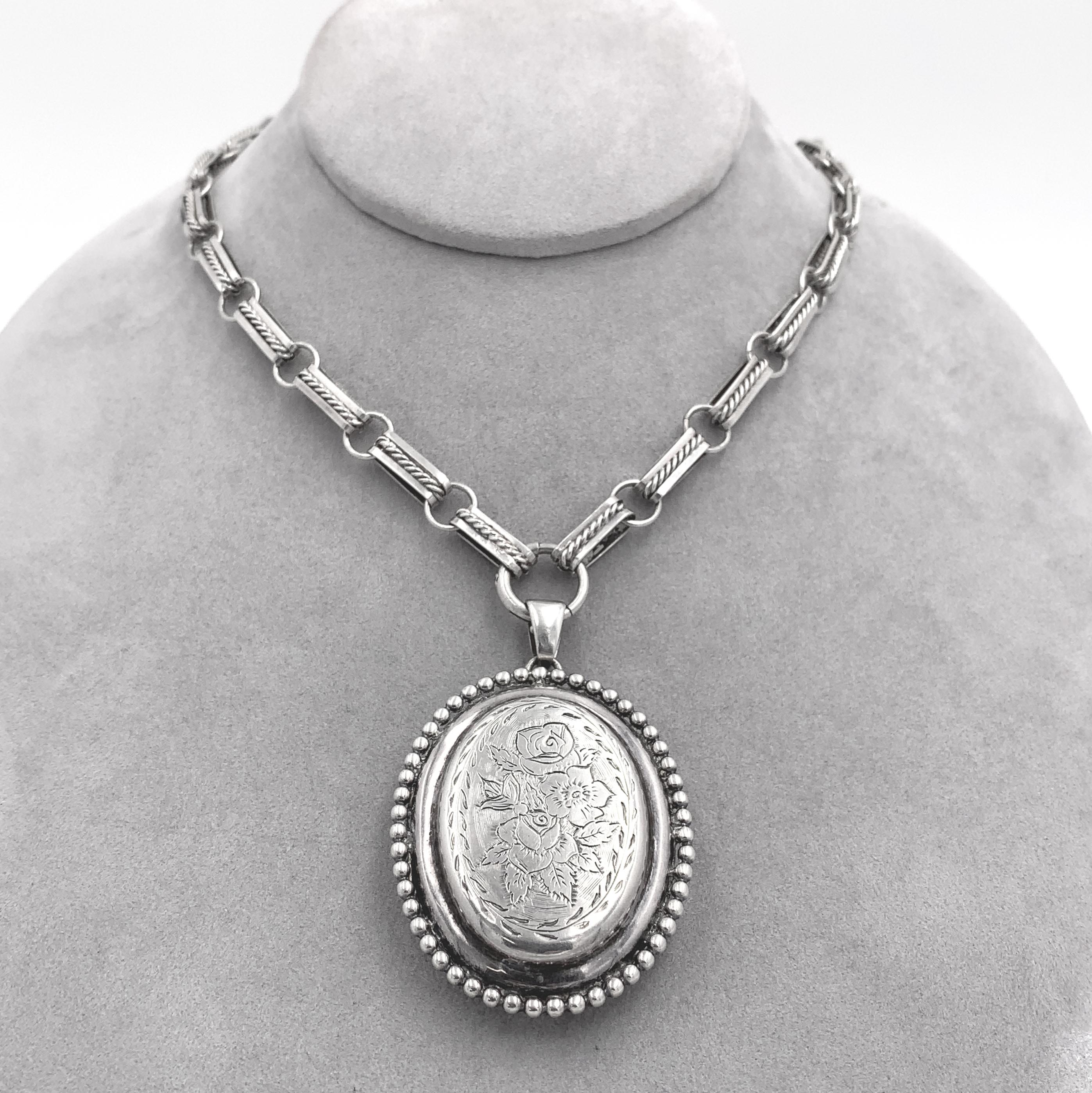 Sterling Kalo Medaillon-Halskette aus Sterling mit eingravierten Blumen und breiter Kette, handgeschmiedet 2