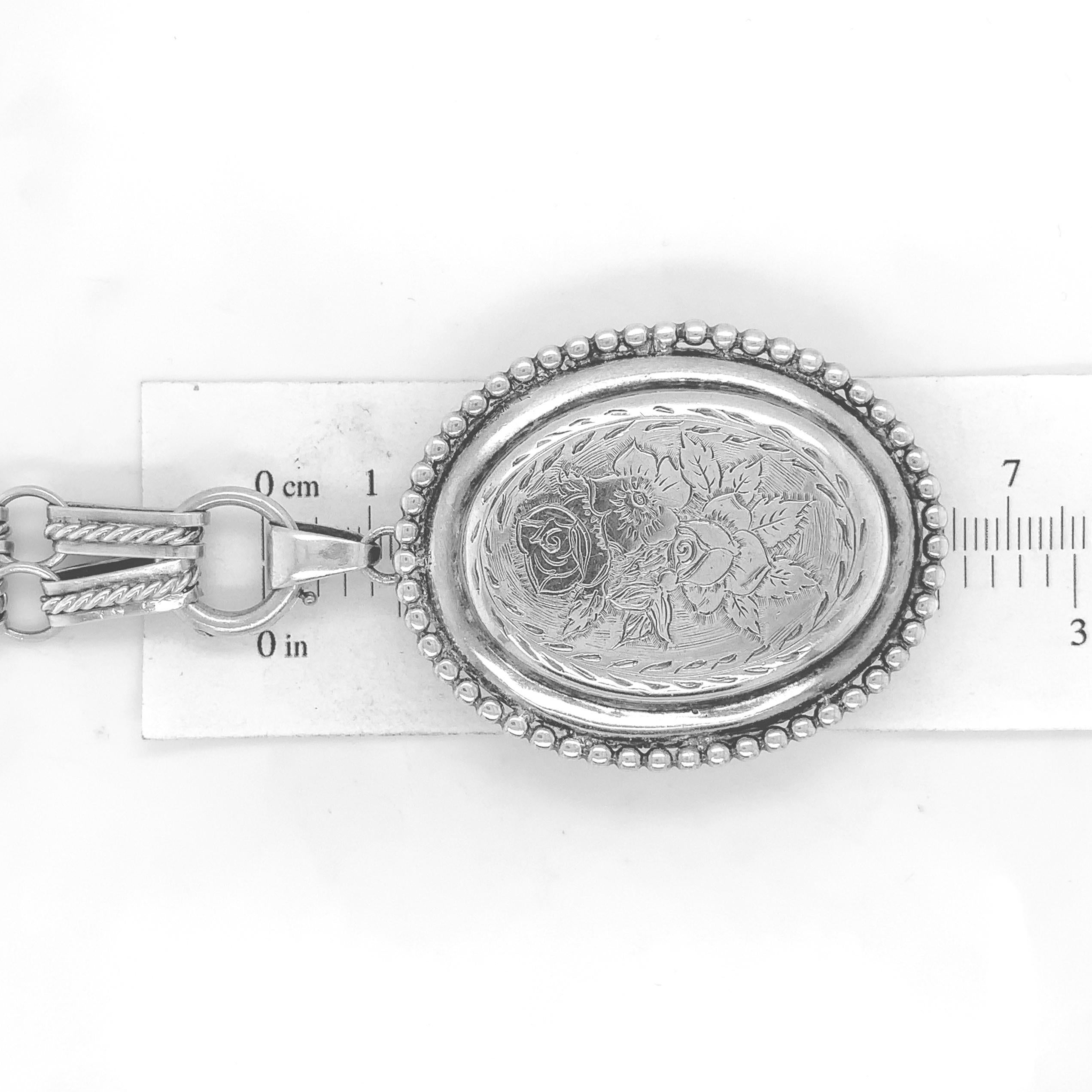 Sterling Kalo Medaillon-Halskette aus Sterling mit eingravierten Blumen und breiter Kette, handgeschmiedet 3