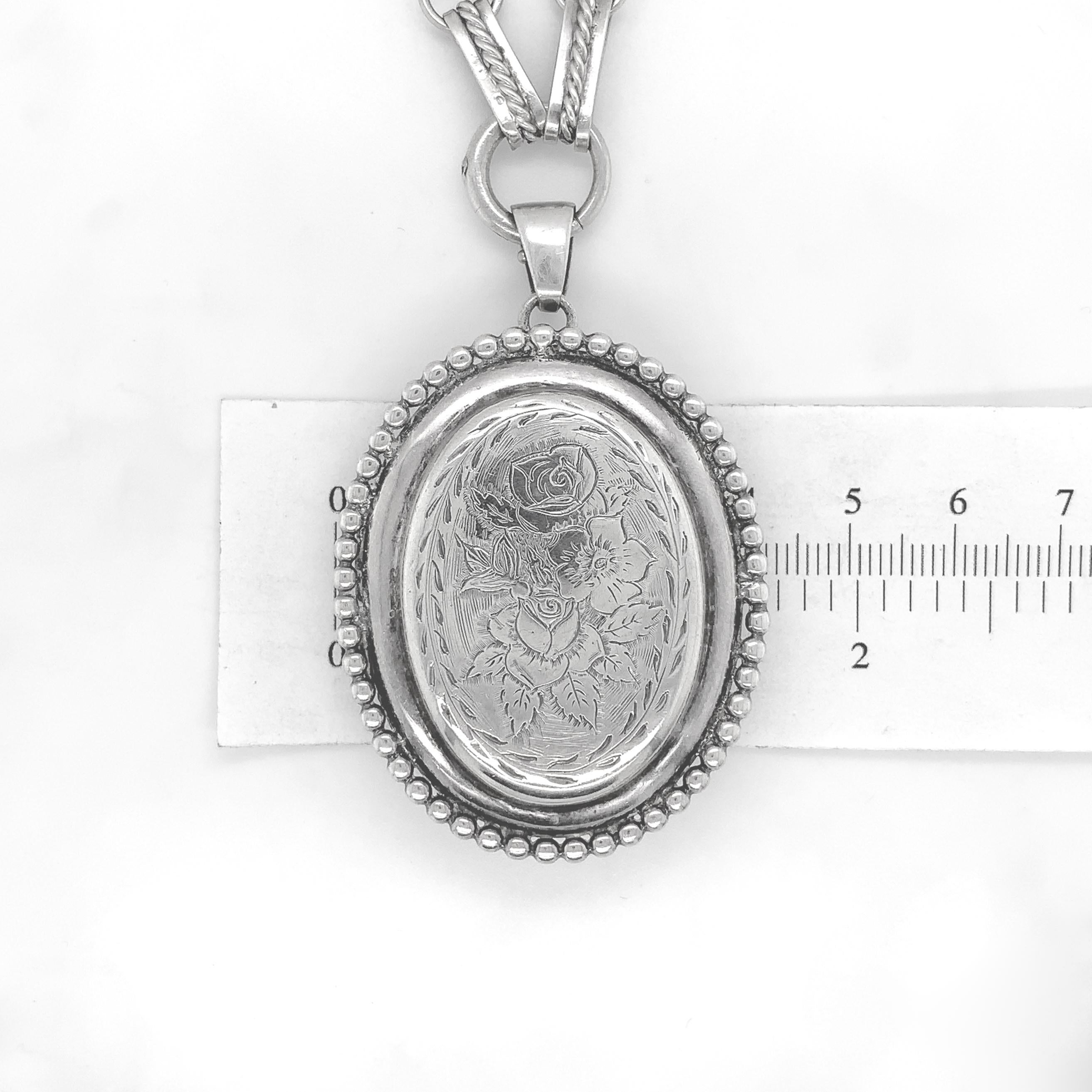 Sterling Kalo Medaillon-Halskette aus Sterling mit eingravierten Blumen und breiter Kette, handgeschmiedet 4