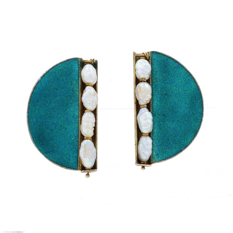 Metal Content: Sterling Silver (with Vermeil)

Stone Information
Keshi Pearls
Color: White

Material Information
Enamel
Color: Bluish Green

Style: Large Stud
Fastening Type: Butterfly Closures
Theme: Semicircle, Geometric

Measurements
Tall: 1
