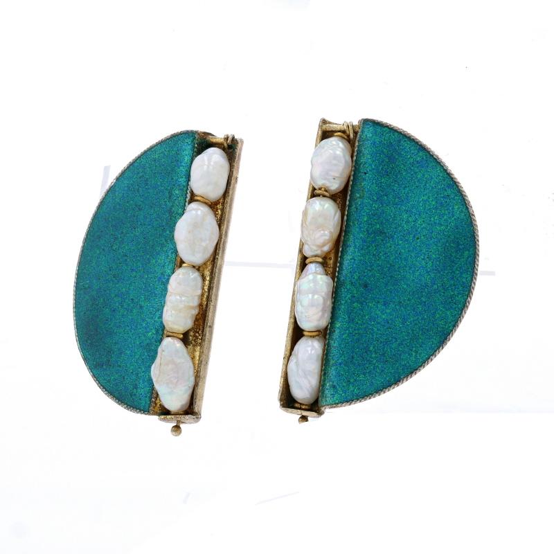 Bead Sterling Keshi Pearl & Enamel Semicircle Lg Stud Earrings -925 Vermeil Geometric For Sale