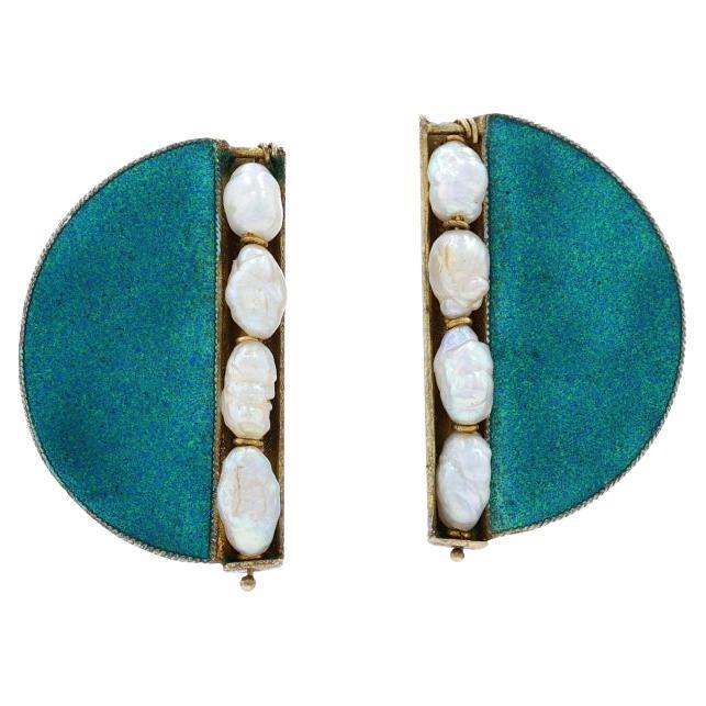 Sterling Keshi Pearl & Enamel Semicircle Lg Stud Earrings -925 Vermeil Geometric