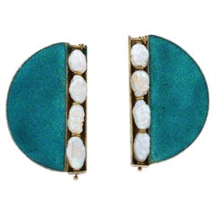 Boucles d'oreilles Keshi perle et émail en demi-cercle -925 Vermeil géométrique