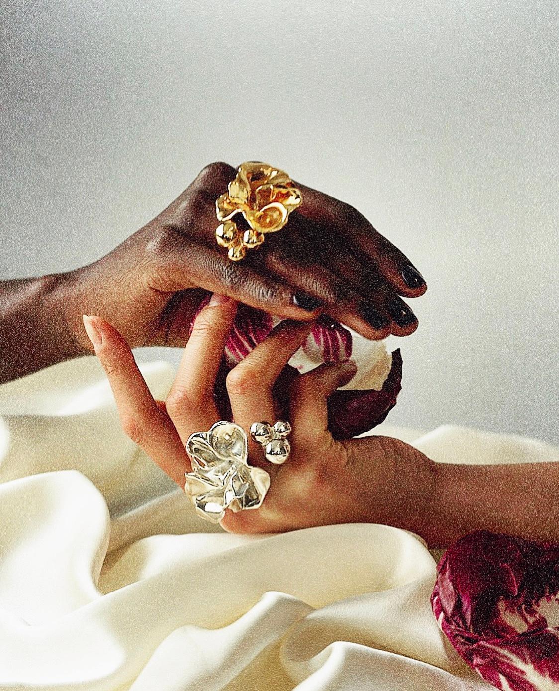 Sterling King Gold Plated Sculptural Delphinium Flower Adjustable Cocktail Ring In New Condition For Sale In New York, NY