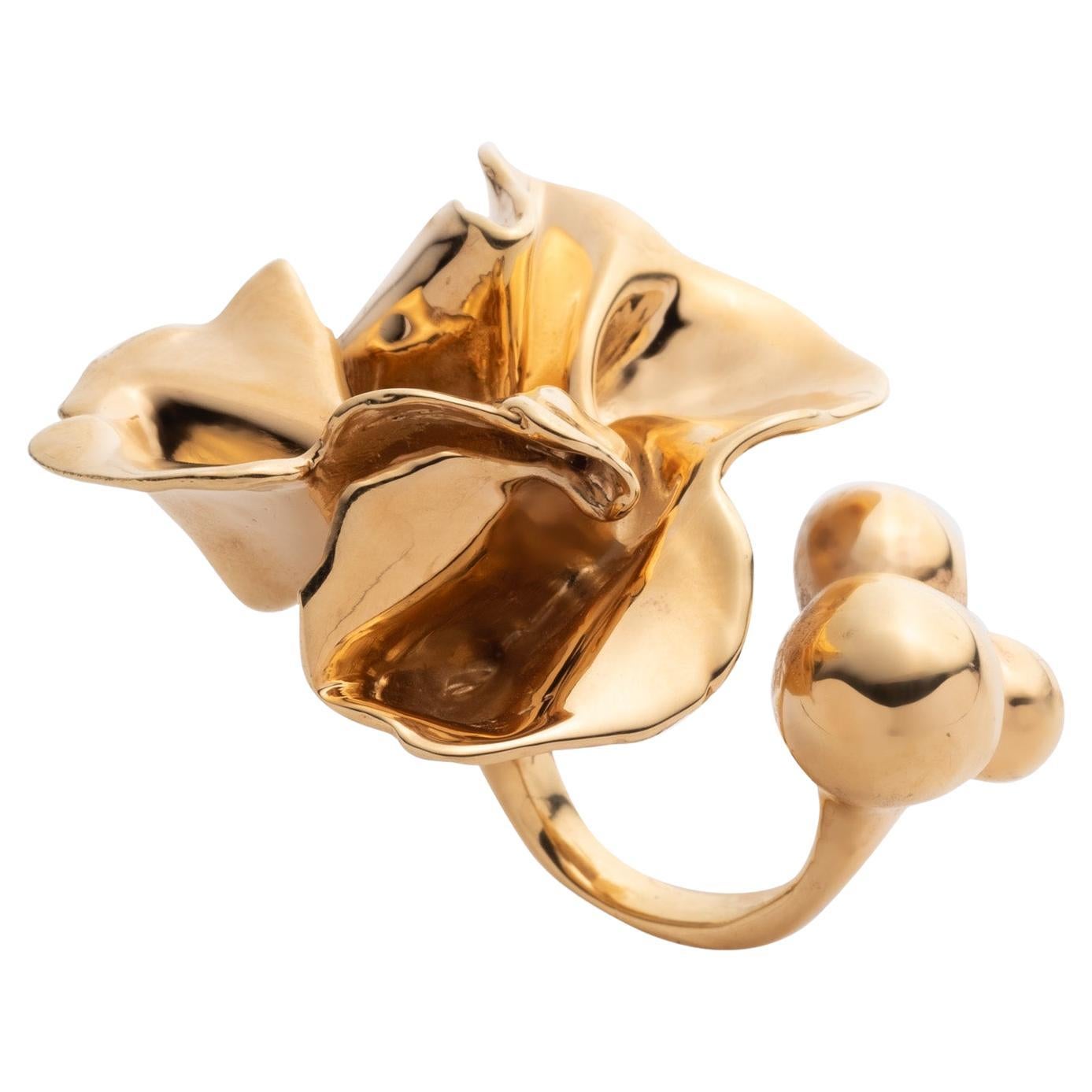 Sterling King Gold Plated Sculptural Delphinium Flower Adjustable Cocktail Ring For Sale