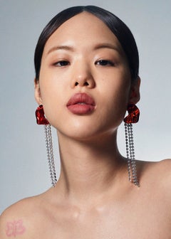 Sterling King Red Abstract Flower Crystal Dangling Statement Earrings