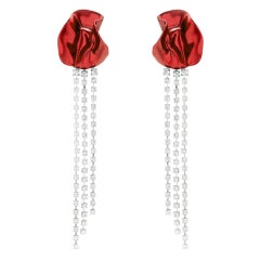 Sterling King Red Abstract Flower Crystal Dangling Statement Earrings