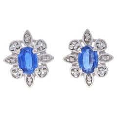 Sterling Kyanite & White Topaz Large Stud Earrings - 925 Oval 1.53ctw Flowers