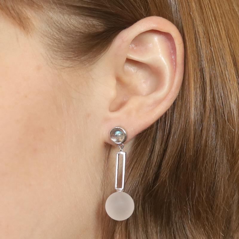 Sterling Labradorite & White Quartz Dangle Earrings 925 Round Cabochon Geometric In New Condition For Sale In Greensboro, NC