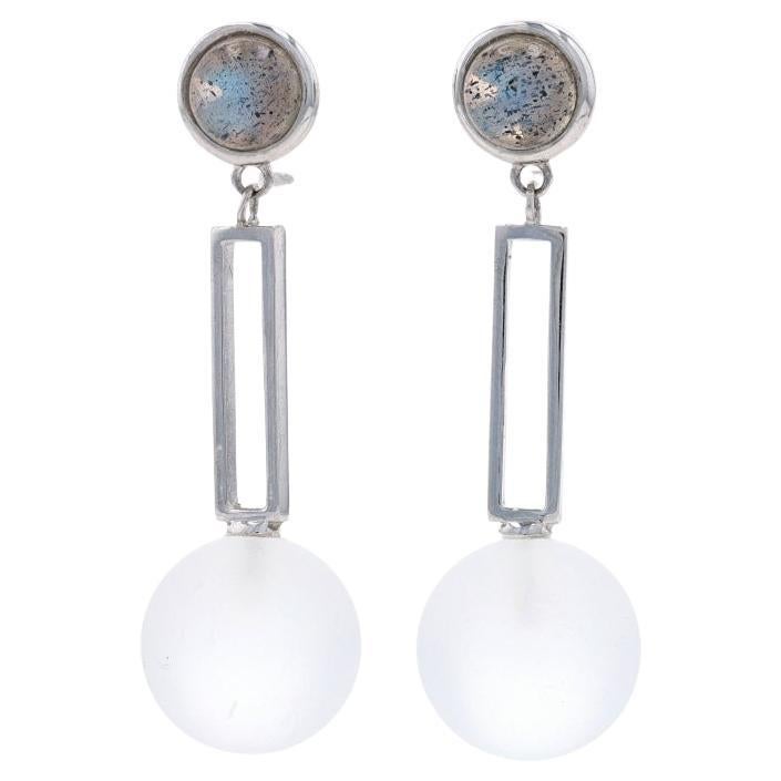 Sterling Labradorite & White Quartz Dangle Earrings 925 Round Cabochon Geometric For Sale