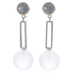Sterling Labradorite & White Quartz Dangle Earrings 925 Round Cabochon Geometric