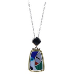 Sterling Lapis Lazuli Onyx Mother of Pearl Abstract Necklace 18" - 925 18k Inlay