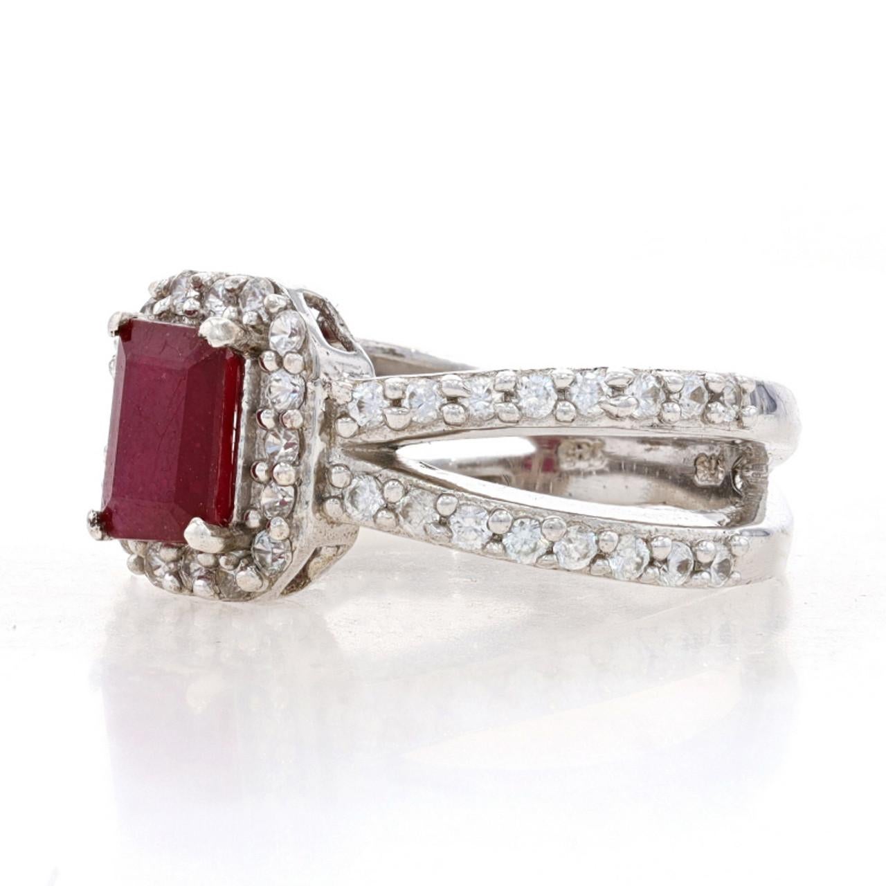 Sterling Lead Glass Filled Ruby & White Sapphire Halo Ring 925 Emerald Cut In New Condition For Sale In Greensboro, NC