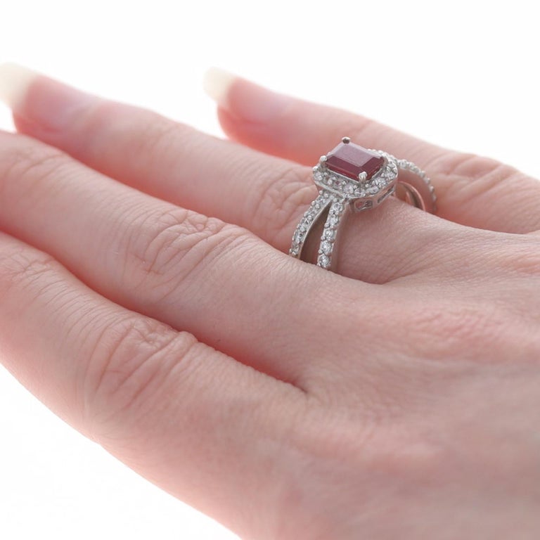 Sterling Lead Glass Filled Ruby and White Sapphire Halo Ring 925