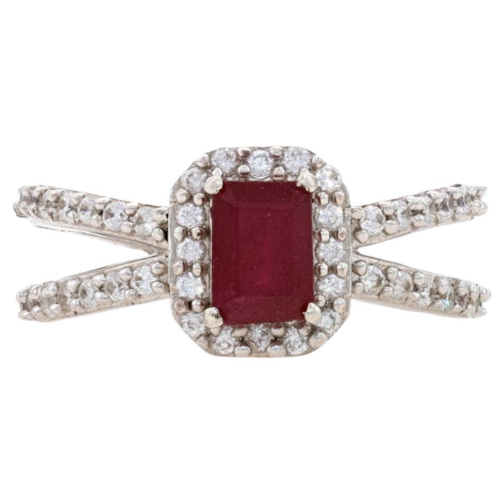 Sterling Lead Glass Filled Ruby & White Sapphire Halo Ring 925 Emerald Cut