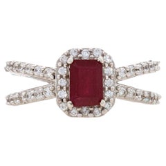 Sterling Lead Glass Filled Ruby & White Sapphire Halo Ring 925 Emerald Cut