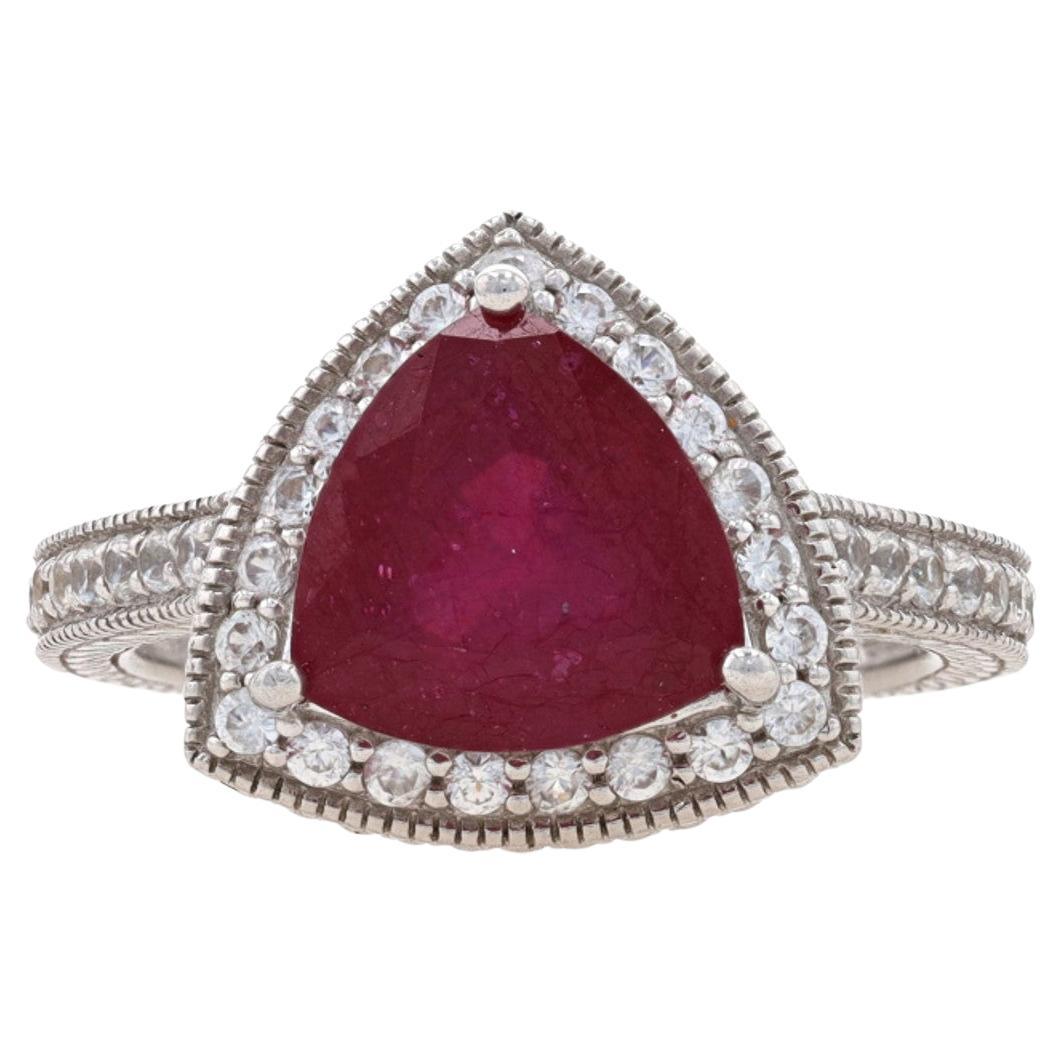 Sterling Lead Glass Filled Ruby White Sapphire Halo Ring 925 Trillion Engagement For Sale