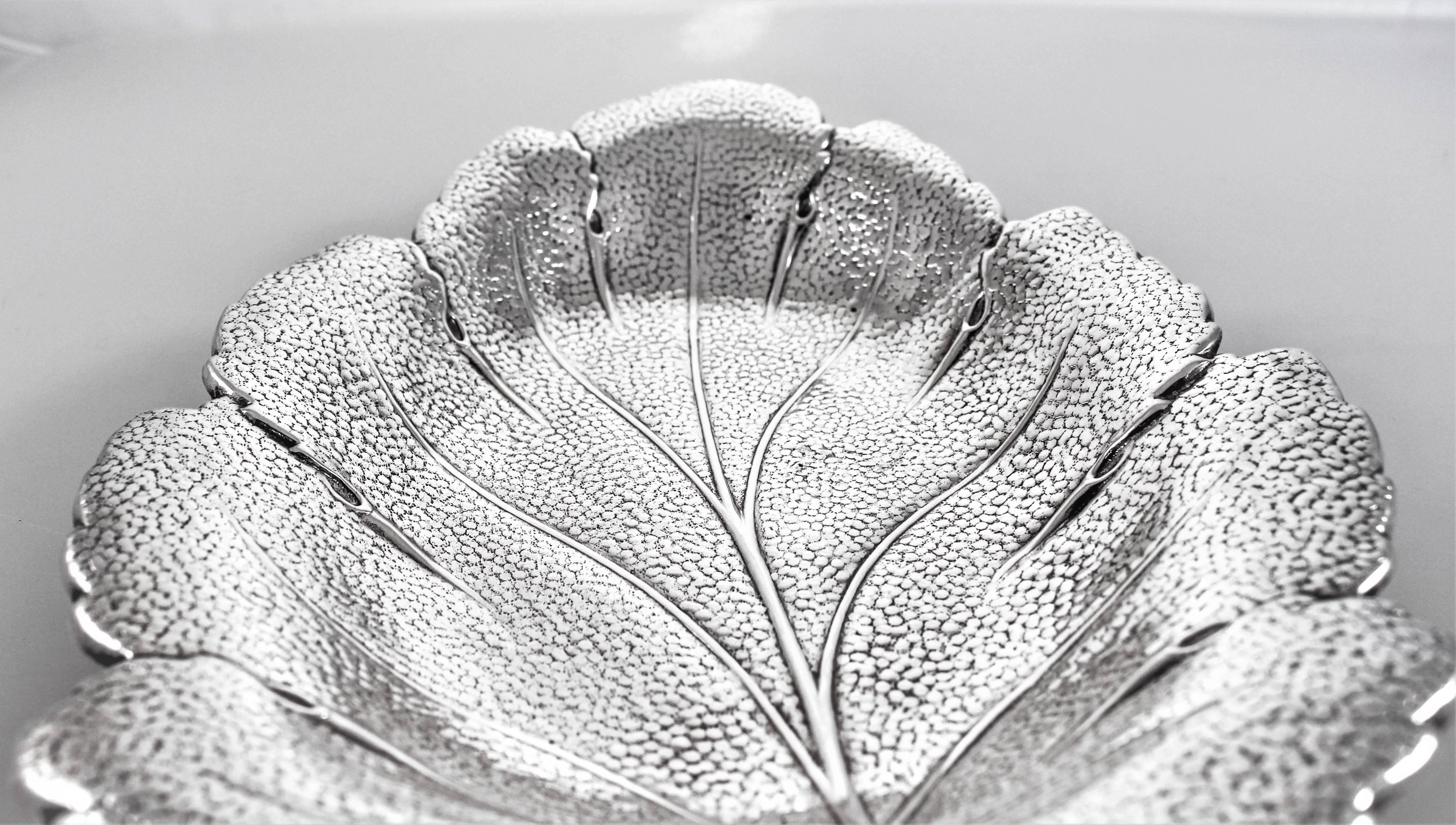 I am so excited to be offering this unique leaf dish; it is the first one I have seen in all my years in the silver business. A large leaf shaped dish with ridges and texture to mimic an actual leaf. How stunning to put grilled vegetables or even