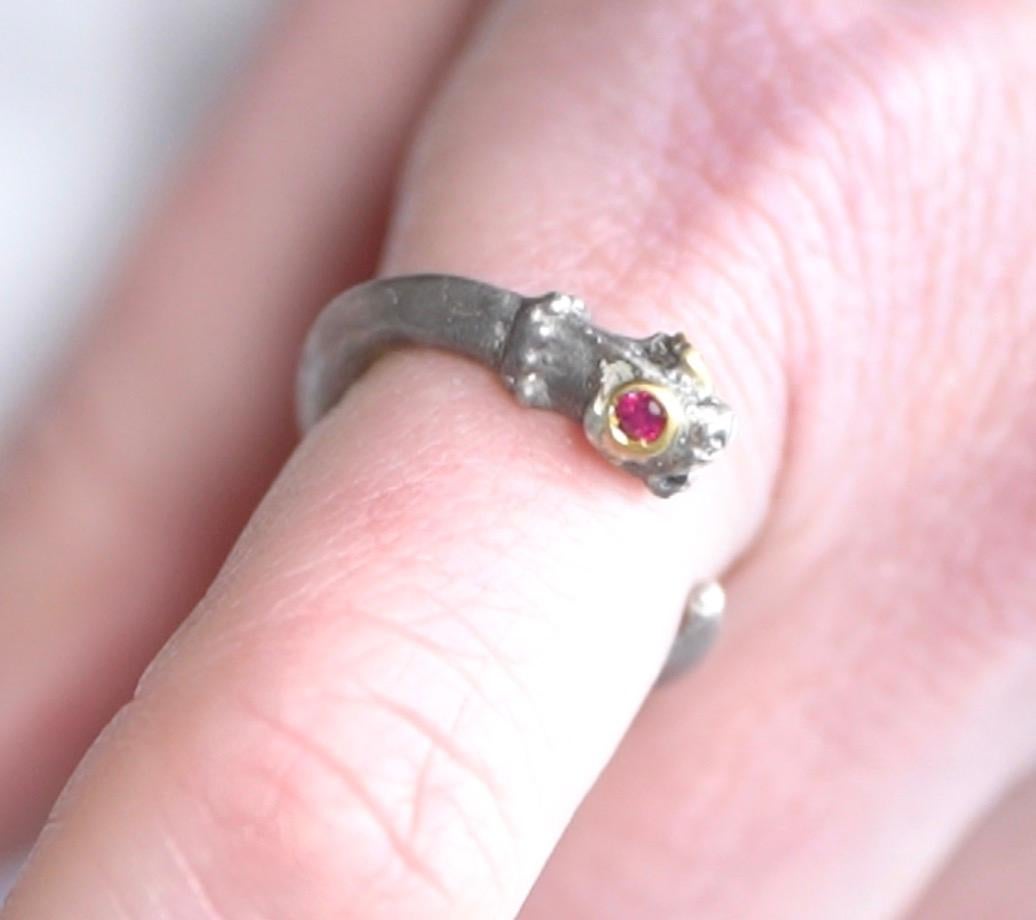 Sterling Lion Ring with Ruby Eyes and 24kt Gold Detail by Prehistoric Works of Istanbul, Turkey. 0.11cts Rubies, Size 6 1/2 US