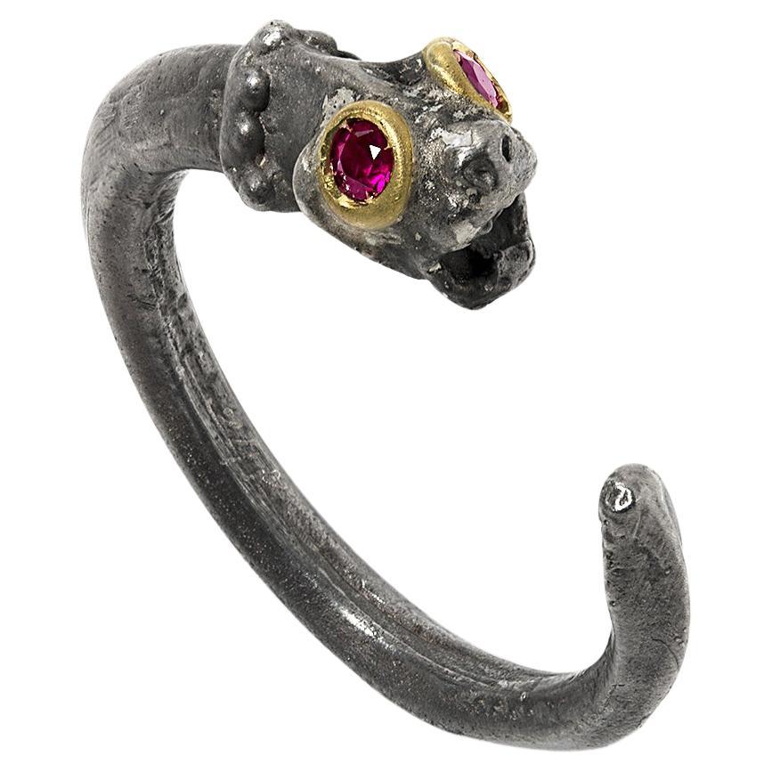 Sterling Lion Ring with Ruby Eyes and 24kt Gold Detail