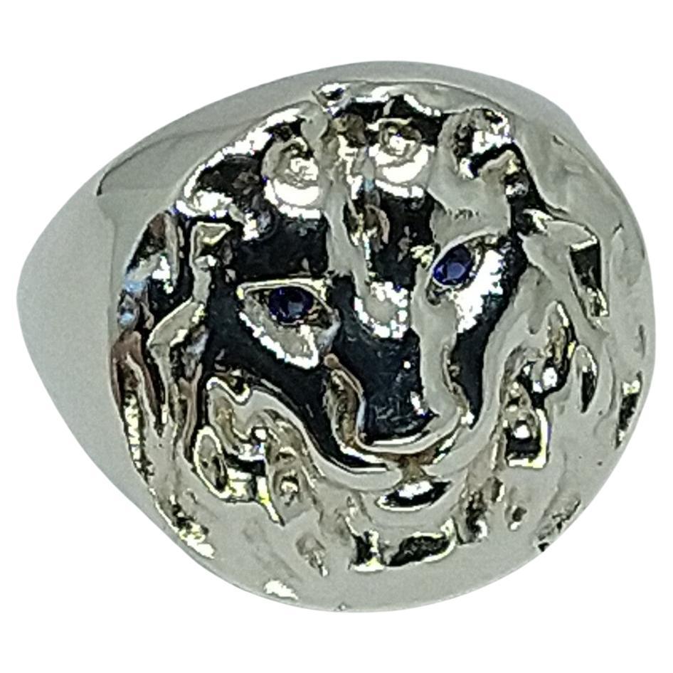 For Sale:  Sterling Lion with Blue Sapphire Eyes Signet Ring 2