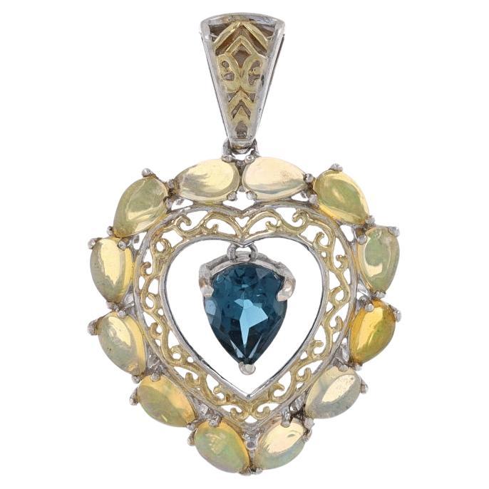Sterling London Blue Topaz & Ethiopian Opal Heart Halo Pendant - 925 Gold Plated For Sale