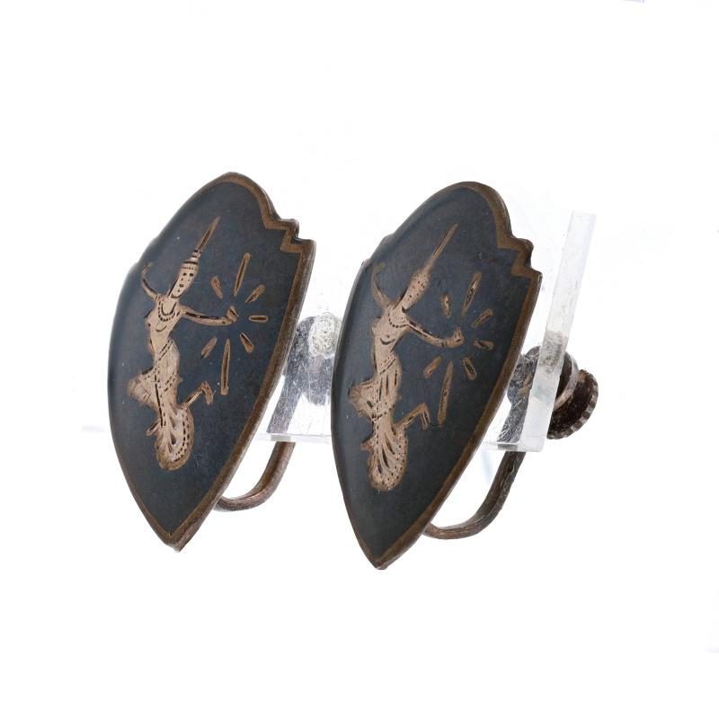 Sterling Mekkala Shield Niello Large Stud Earrings - 925 Non-Pierced Screw-Ons In Excellent Condition For Sale In Greensboro, NC