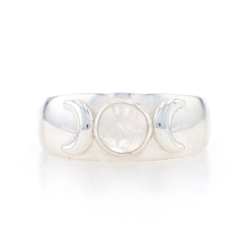 Size: 9
Sizing Fee: Up 2 sizes for $30 or Down 2 sizes for $30

Metal Content: Sterling Silver

Stone Information

Natural Moonstone
Carat(s): .70ct
Cut: Round Cabochon

Total Carats: .70ct

Style: Band
Theme: Celestial Crescent