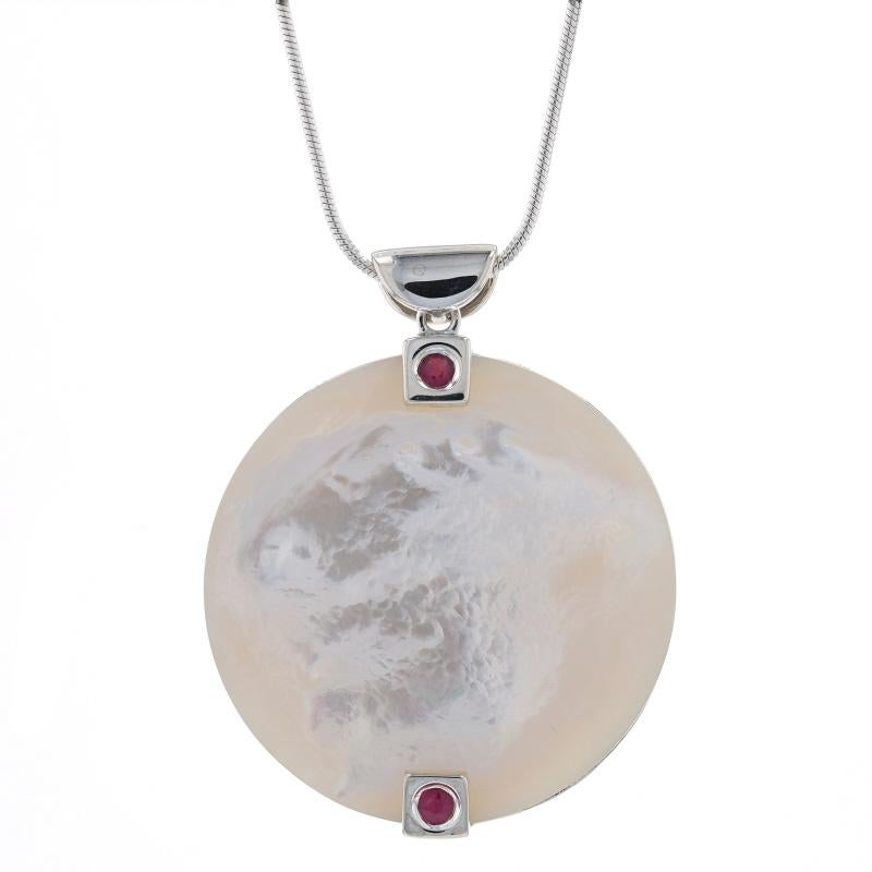 Metal Content: Sterling Silver

Stone Information
Natural Mother of Pearl
Color: White

Synthetic Rubies
Cut: Round
Color: Pinkish Red
Stone Note: (three accents)

Chain Style: Snake
Necklace Style: Chain
Fastening Type: Lobster Claw Clasp
Theme: