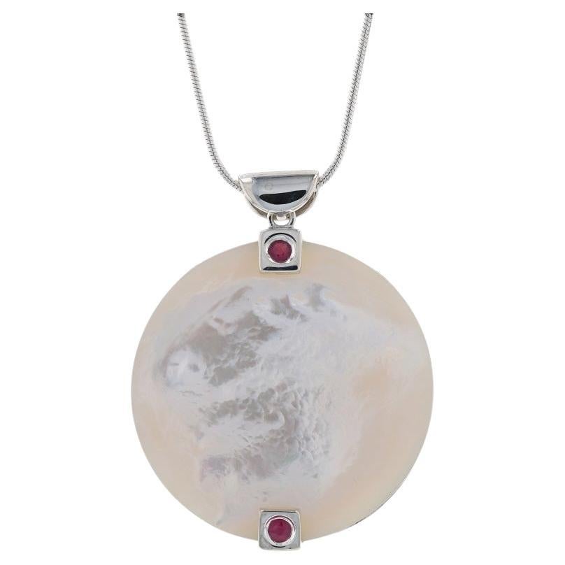 Sterling Mother of Pearl & Lab-Created Ruby Circle Necklace 16" - 925 Disc For Sale
