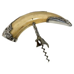 Sterling Mounted Boar Tusk Corkscrew of Large Scale with Grapevine Motif Silver