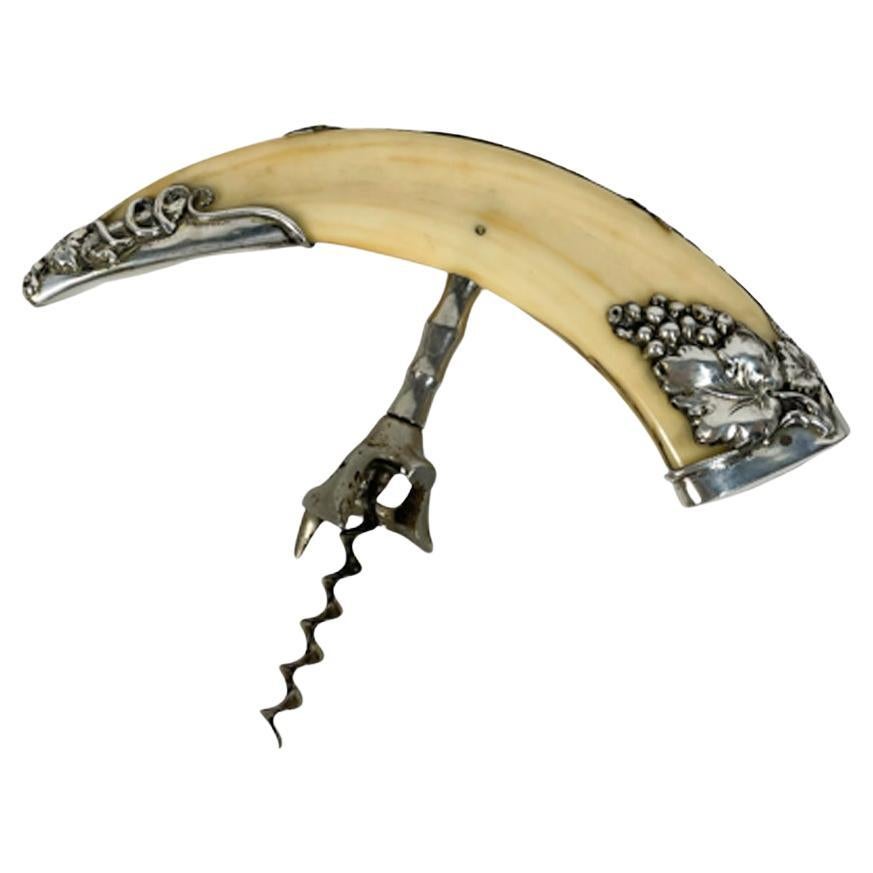 Sterling Mounted Boar Tusk Corkscrew of Large Scale with Grapevine Motif Silver For Sale