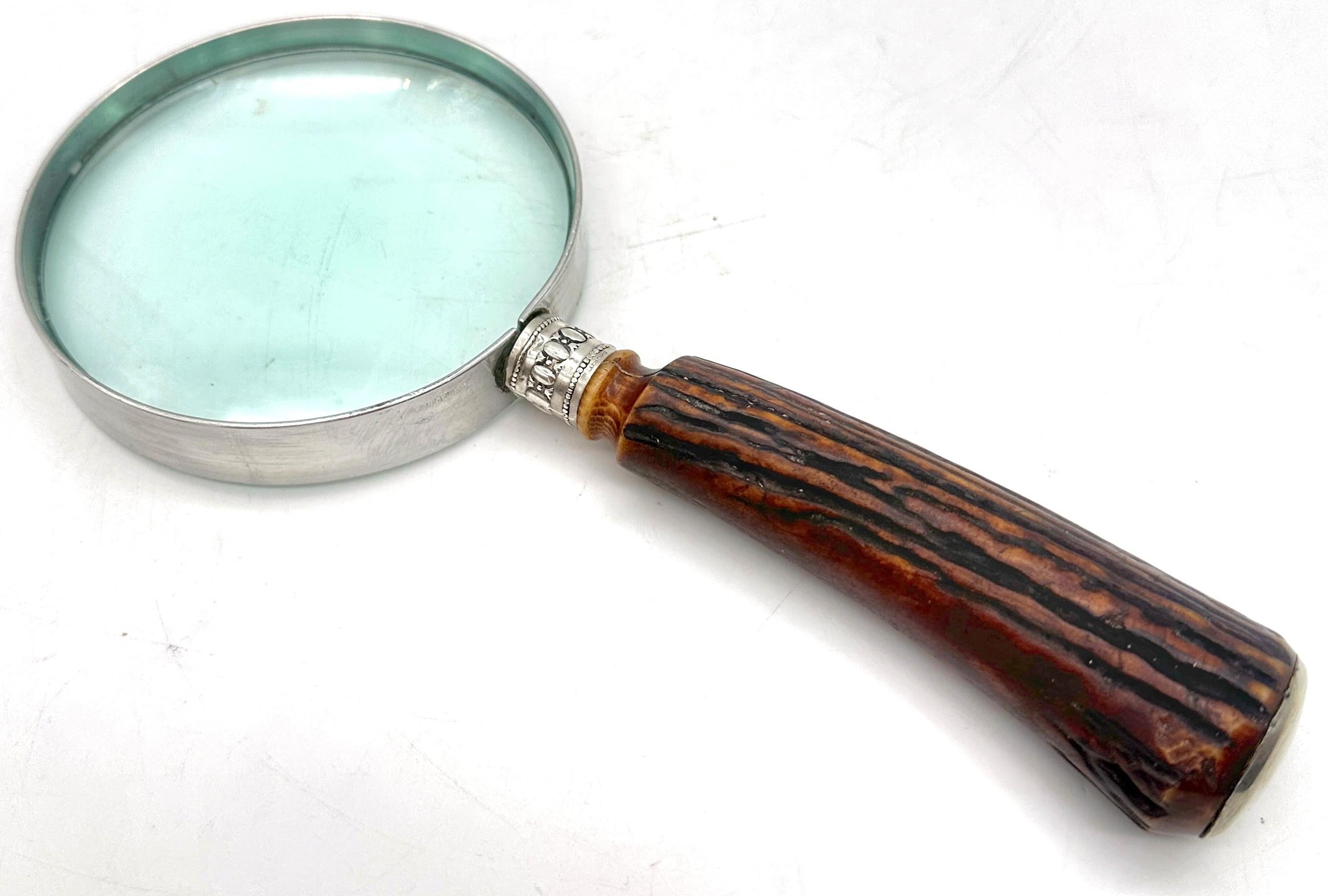 Antique Sterling-Mounted Carved Antler Magnifying Glass, Signed 