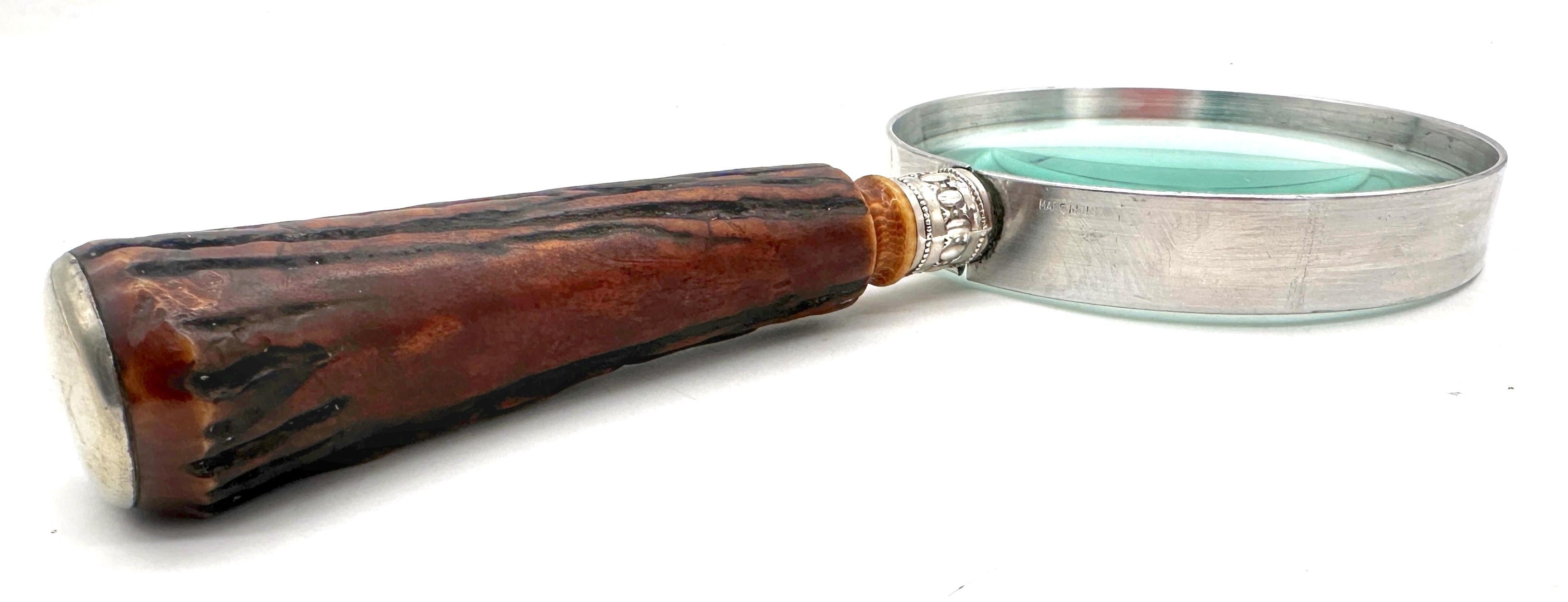 Edwardian Sterling-Mounted Carved Antler Magnifying Glass, Signed 'DULJARETT' Circa 1900 For Sale