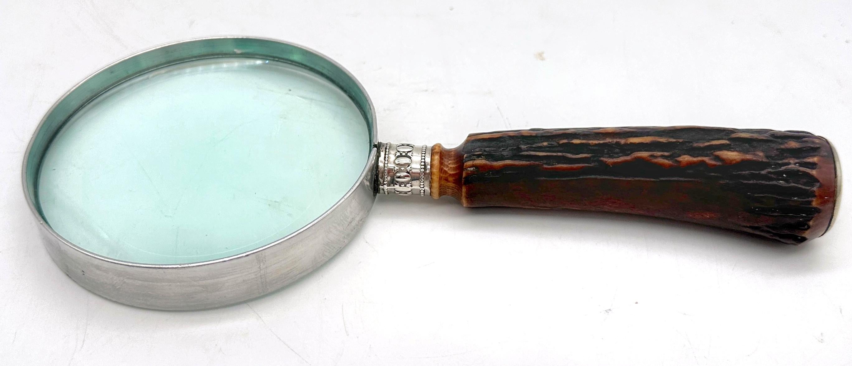 European Sterling-Mounted Carved Antler Magnifying Glass, Signed 'DULJARETT' Circa 1900 For Sale
