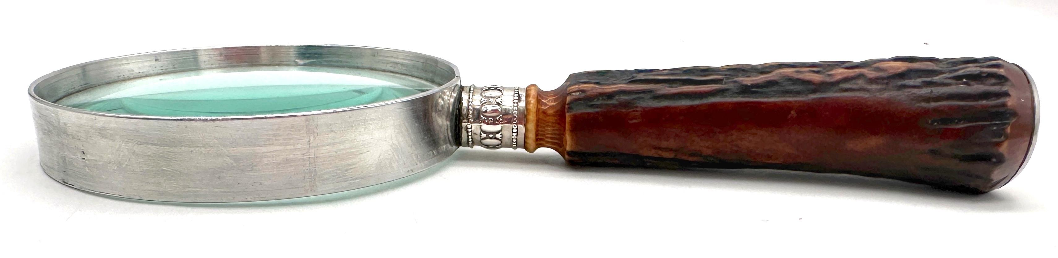 Engraved Sterling-Mounted Carved Antler Magnifying Glass, Signed 'DULJARETT' Circa 1900 For Sale