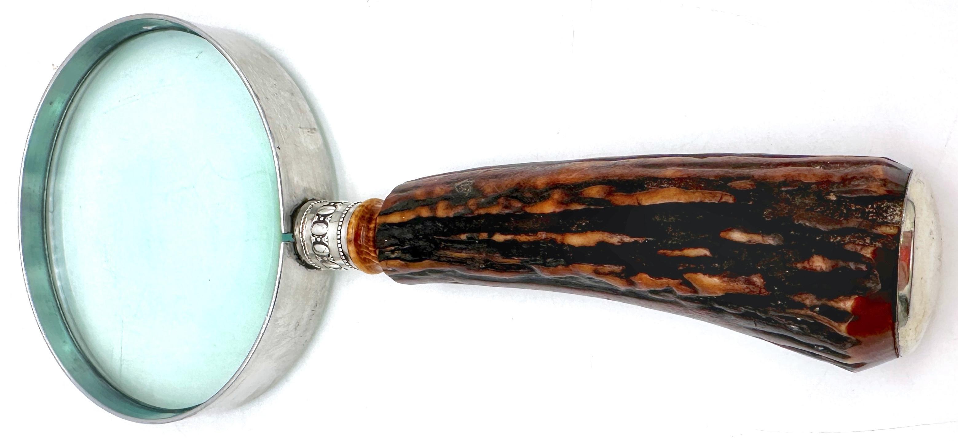 Metal Sterling-Mounted Carved Antler Magnifying Glass, Signed 'DULJARETT' Circa 1900 For Sale