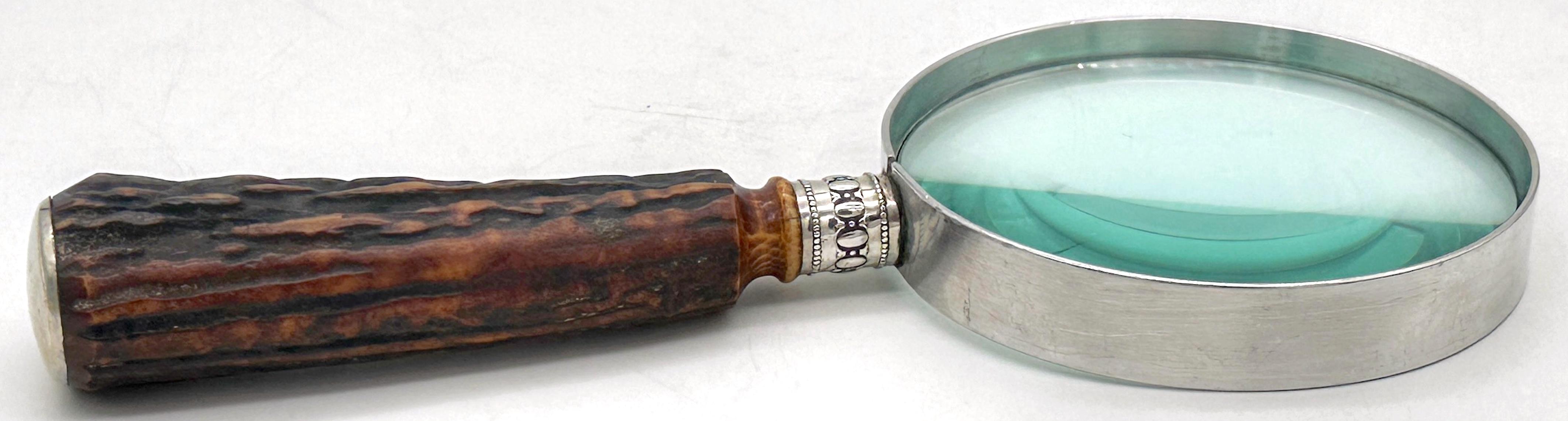 Sterling-Mounted Carved Antler Magnifying Glass, Signed 'DULJARETT' Circa 1900 For Sale 1